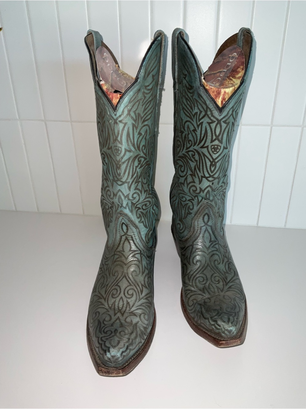 Ariat Turquoise Green Embossed Leather Heeled Cowboy Boots